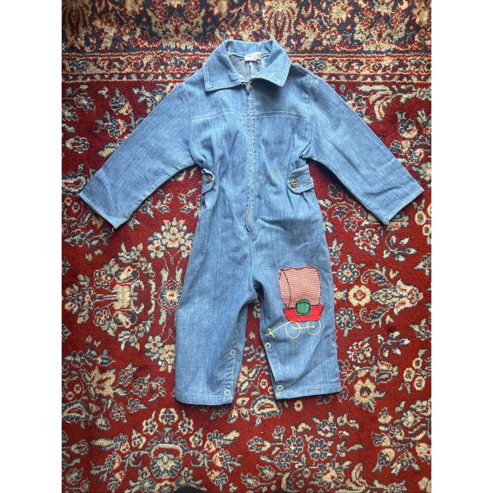 Vintage Size 2T Kamp Denim Overall Jumpsuit 1970s Patch Wagon Metal Zipper